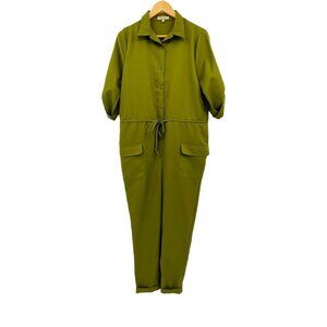 Polagram Green 3/4 Sleeve Cropped Leg Button Down Jumpsuit S Tie Waist Utility
